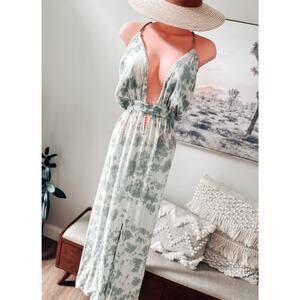 Wanderlust Seafoam Wanderings goddess open back plunging maxi resort dress